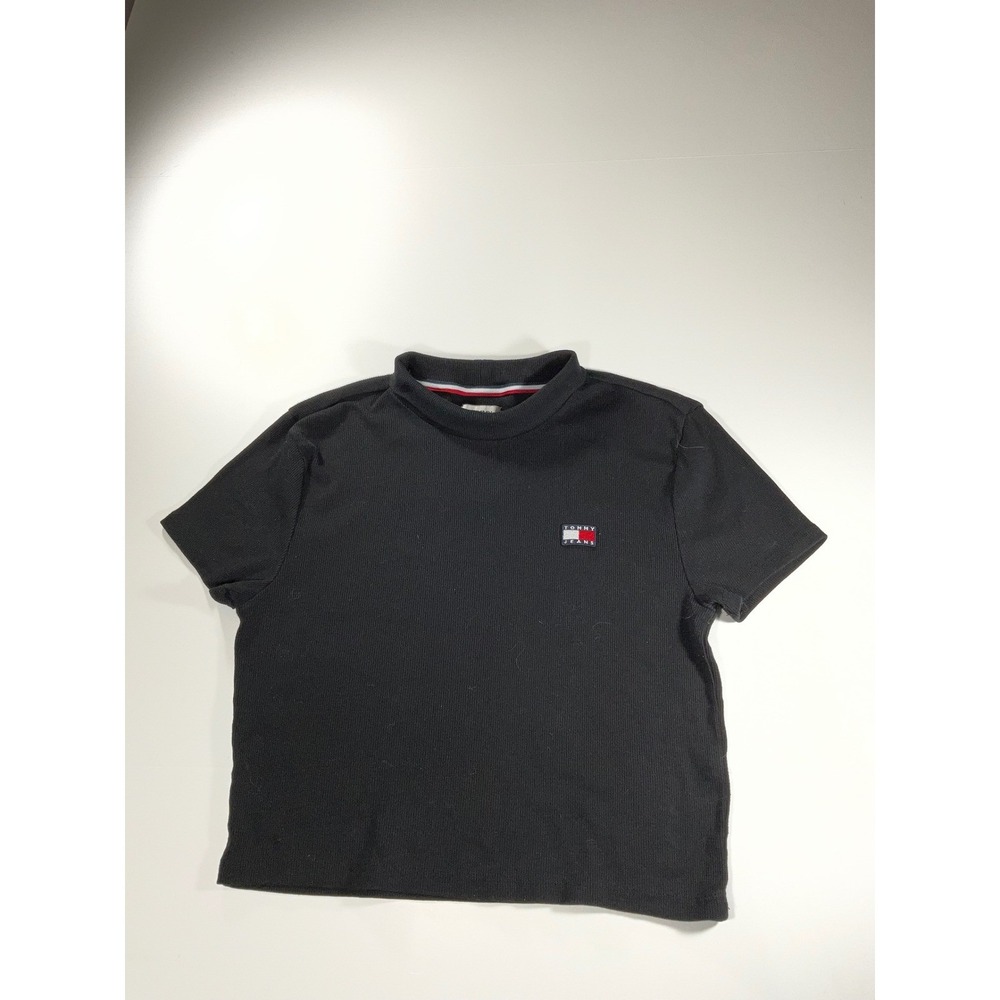 Tommy Jeans Womens Ribbed Mock Neck Short Sleeve Crop Top Black Logo TTDHRK031